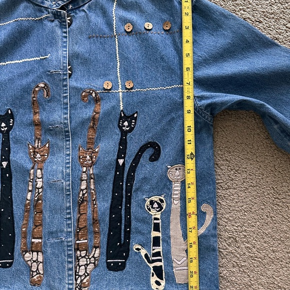 Vintage Jean Denim Jacket Cat Mom Embroidery Appliqué Quirky Cottagecore Artsy S - Picture 11 of 15